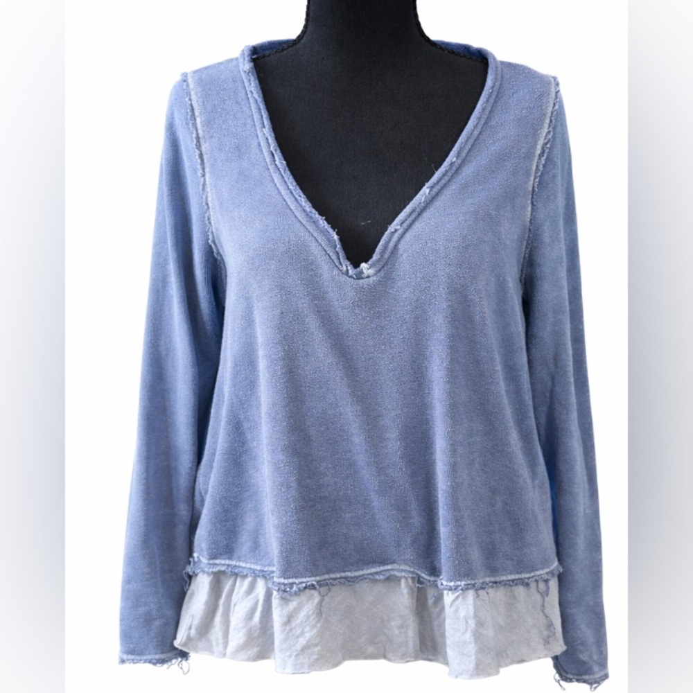 Free People We The Free Blue Thermal Top Raw Hem Peplum Boho Oversized Size M